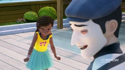 Andrea is getting angry with the mime.