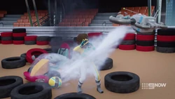 03ZoboFireSuppression.png (1.97 MB) Zobo spraying Andrea with extinguisher foam.
