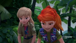 Mia noticing that she tripped