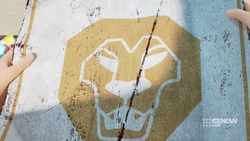 The other side of the metal sheet, a golden lion logo.