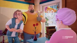 Ricky asking Hazel if there are any old treasure maps in the store.