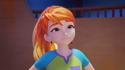 Mia wondering why the sandbag fell, since she’s on the stage and not pulling any of the ropes.