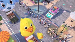 The mission van can't get to the bridge because there's a parade blocking the road.