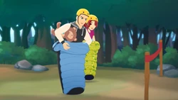 Franco brought his teddy bear to the sleeping bag race.