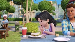 Emma just realised she accidentally pushed Ethan off the bench when she moved to make space for River.