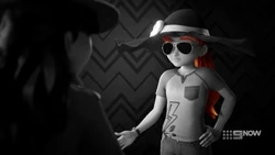For some reason, Emma’s noir fantasy has Mia wearing sunglasses and a big floppy hat at night.