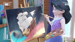 Emma painting a sailing ship in space on a rainbow. Isn’t she creative?