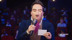 Carter reading Emma’s cat themed introduction announcement and displeased he has to end it with saying meow.