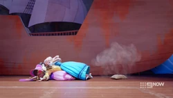 Stephanie tackled Andrea and Emma to avoid the falling sandbag.