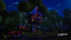 Mia's treehouse at the night.