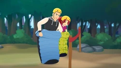 Franco and Mia sleeping bag racing.