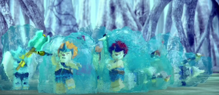 A frozen Lennox with other warriors frozen by the Ice Hunters