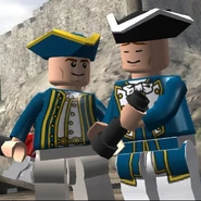 James laughing at Will Turner next to Lieutenant Groves.