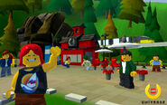 Several players in front of the monorail station