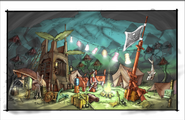 Concept art of the Pirate Camp, including a hanging shark