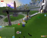 Gameplay-footage of Vanguard Outpost: In the foreground, a large obelisk is visible and, in the background, the Maelstrom shard juts out above the hill