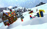 Minifigs enjoying Frostivus in front of Fritz's Workshop