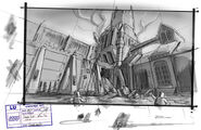 Concept art by Jerry Meyer: "A shard/spike came from the sky and passed completely through the large tower in the middle. It is not known where the spike itself has landed at this point. There is a giant water shield up on the wall that has been breached and is now pouring water off the side of the wall."