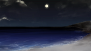 La lune brille au dessus de la plage détruite