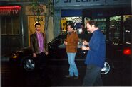 Anthony Crivello, Jerry Seinfeld and director Andy Ackerman on a backlot location for the "SEINFELD" episode "The Maid."