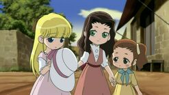 Shojo Cosette: Cosette, Eponine, and Azelma as toddlers outside of the inn