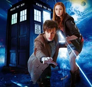 The Eleventh Doctor (Matt Smith), his companion Amy Pond (Karen Gillan) and the TARDIS.