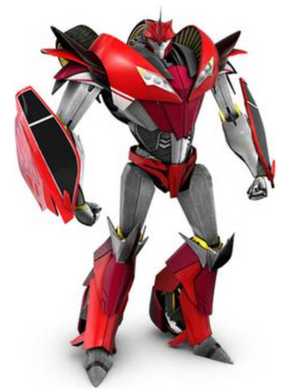 A shiny red and silver robot stands in/on a white background.