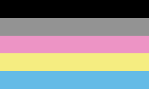 Polygender pride flag; from top to bottom: black, gray, pink, yellow, light blue.