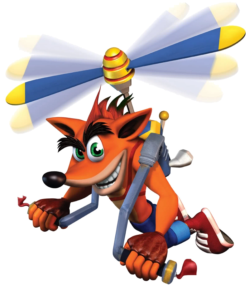 Um personagem do jogo crash bandicoot fica na frente de uma pilha de  moedas.