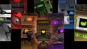Malkuth stands confidently in crossed arms in front of several panels showing the other Sephirah sans Binah, all in their robotic forms.