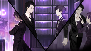 In the first panel, Yesod looks back at the viewer, with the floor of Technological Sciences in the background. In the second, Yesod walks up to a nervous Roland in a shoulder-up shot. In the third, Yesod fixes Roland's tie, much to the former's discomfort.
