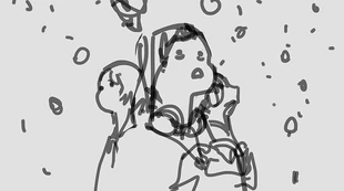 Concept art sketch for a cut scene by Edouard Caplain, depicting Max Caulfield, Chloe Price and Warren Graham on the right.[4]