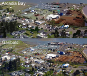Comparison of a picture of Arcadia Bay found in  and a real photo of the town of Garibaldi.