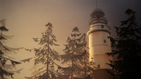 The lighthouse at sunset, as seen from the hiking trail through the woods.