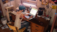 Chloe using the computer ("Dark Room")
