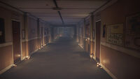 Nightmare version of the dormitory hallway, with Kate crying in the distance