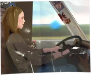 Rachel no banco de motorista do trailer do Frank.