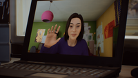 Lyla waving to Daniel after he bursts into Sean's room.