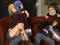 Chloe and Rachel make out next to an unconscious Max while Dana makes a peace sign.