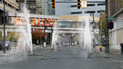 Water buckles the streets and becomes a fountain.