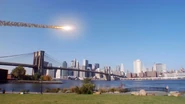 The Meteor passes the bridge.