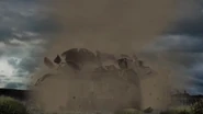 The donut collapses and the restaurant is destroyed in the process.