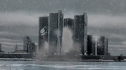 The central tower of the Renaissance Center collapse.
