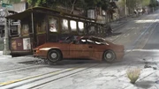A cable car becomes a bullet train and makes mincemeat out of a car.