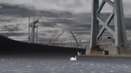 The cargo ship hits the Oakland Bay Bridge.