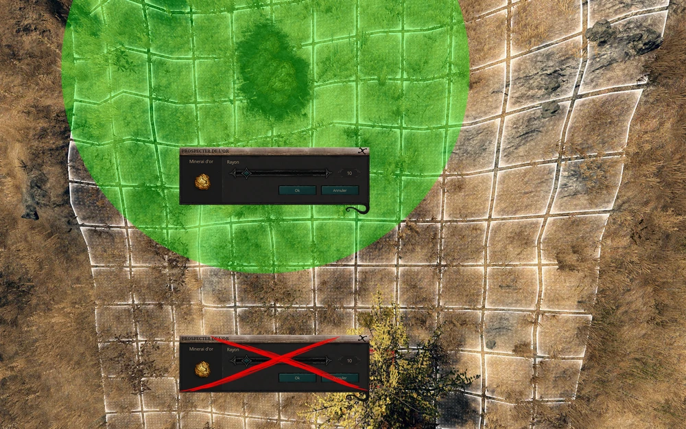 En vert : le rayon minimal de détection du minerai.