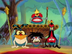 The native chief stands over his henchmen.