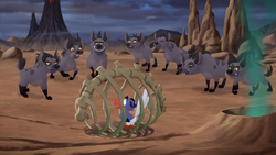 The hyenas imprison Zazu in the Outlands.