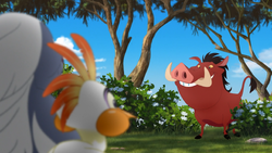 Pumbaa acts suspiciously about Timon in front of Bunga and Ono.