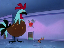 Timon attempts to fight the fire-breathing chicken.